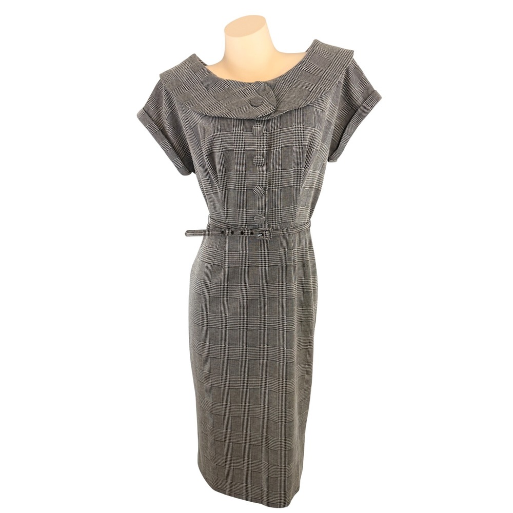 Stop Staring! Retro Pinup Rockabilly Grey Glen Plaid Pencil Sheath Dress XL